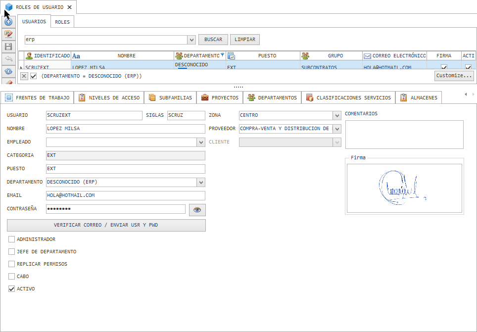 panel de control → usuarios y roles