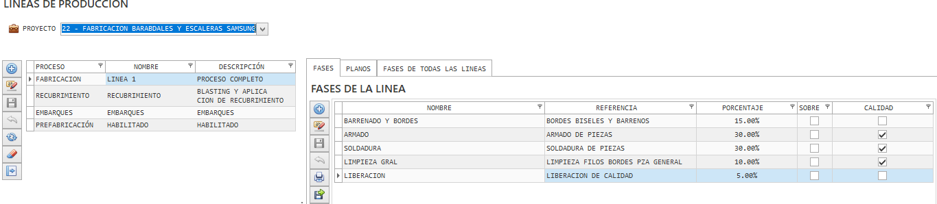 Pantalla de lineas de producción